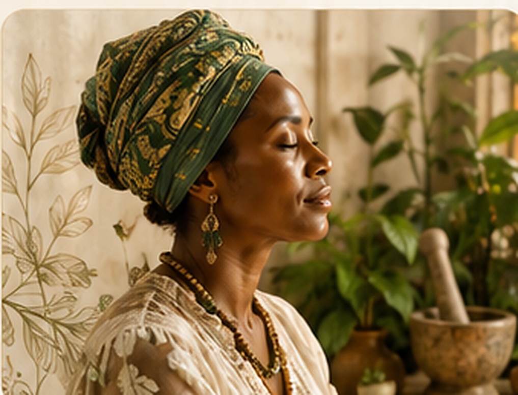 Woman in a patterned head wrap surrounded by botanicals